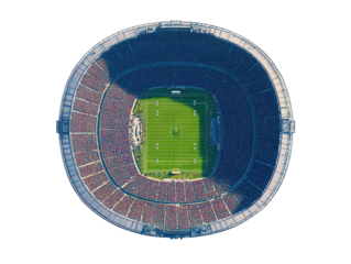 Aerial view of a packed stadium with a green field, panoramic.  PNG transparent.