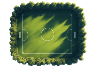 Aerial view of a packed stadium with a green field, panoramic.  PNG transparent.