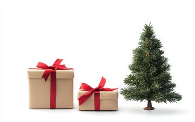 Obraz premium Christmas gifts with red ribbons and a pine tree placed on a white background, leaving ample copy space for text. 