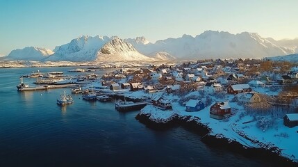 Winter nature in a European town: a busy harbour and tall snow-capped mountains in the distance.