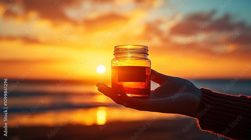 Poster a serene image of a hand holding a jar labeled emergency fund with sunlight streaming in stock photo