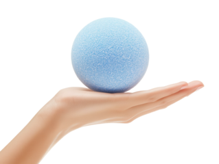 Hand holding a blue stress ball, isolated on a white background.  PNG transparent.