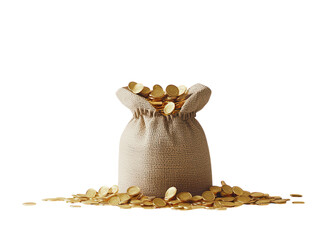 Money bag with gold coins scattered around, isolated on a white background.  PNG transparent.