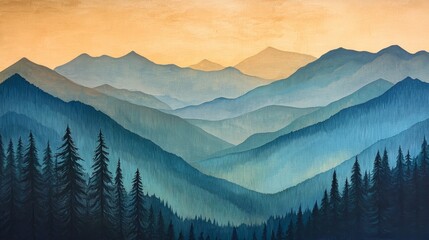 Mountain landscape, forest silhouettes and sunrise sky, peaceful morning scenery, nature art, serene mountain vista