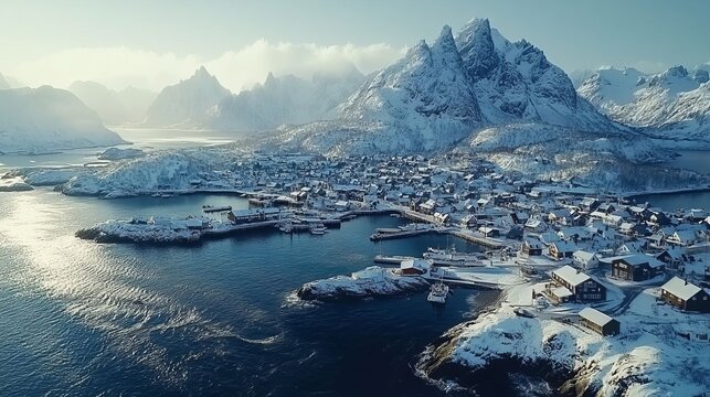 Winter nature in a European town: a busy harbour and tall snow-capped mountains in the distance.