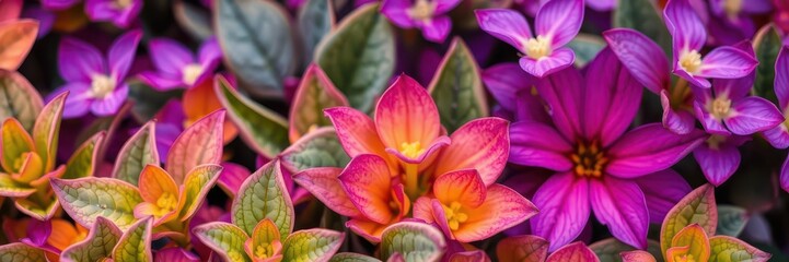 Fototapeta premium Close-up of vibrant purple flower petals and lush green leaves, petals, nature, detail