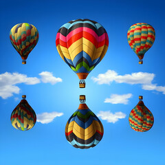 Fototapeta premium Colorful hot air balloons flying against a clear blue sky with fluffy white clouds, mirrored reflection.