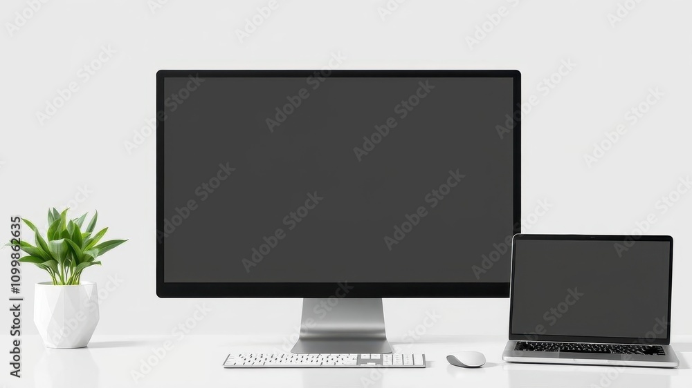 Poster mockup template of a laptop computer on a desktop monitor screen device, ideal for showcasing digita