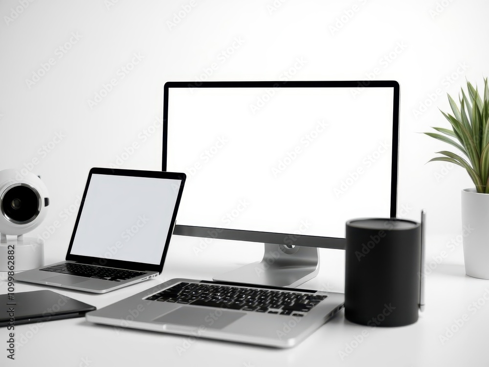 Wall mural laptop computer, desktop monitor screen device mockup template on white background with blank space 