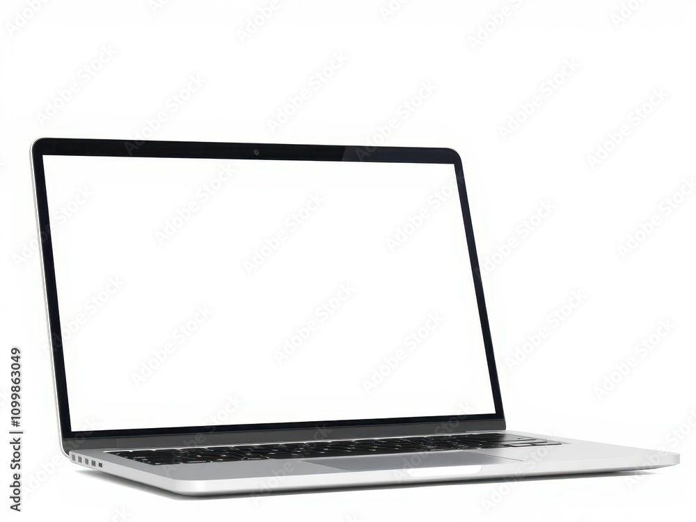 Poster modern laptop computer mockup on white background with blank screen for customizable display, device