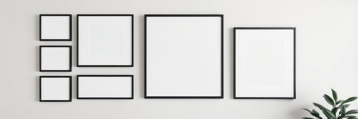 Fototapeta premium Modern living room interior with a gallery wall of empty photo frames for mockup, blank frames, empty frames
