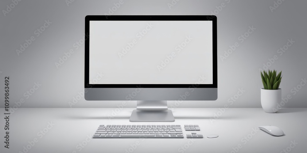 Wall mural modern desktop computer vector mockup with flat screen and keyboard on white workspace, keyboard, mo