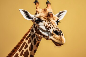 Fototapeta premium A close-up of a giraffe's head against a yellow background.