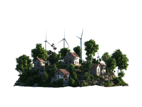 Conceptual island city with wind turbines and greenery, isolated on a white background. PNG transparent. - Powered by Adobe