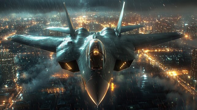 Stealth fighter jet flying over a rain-soaked city at night.