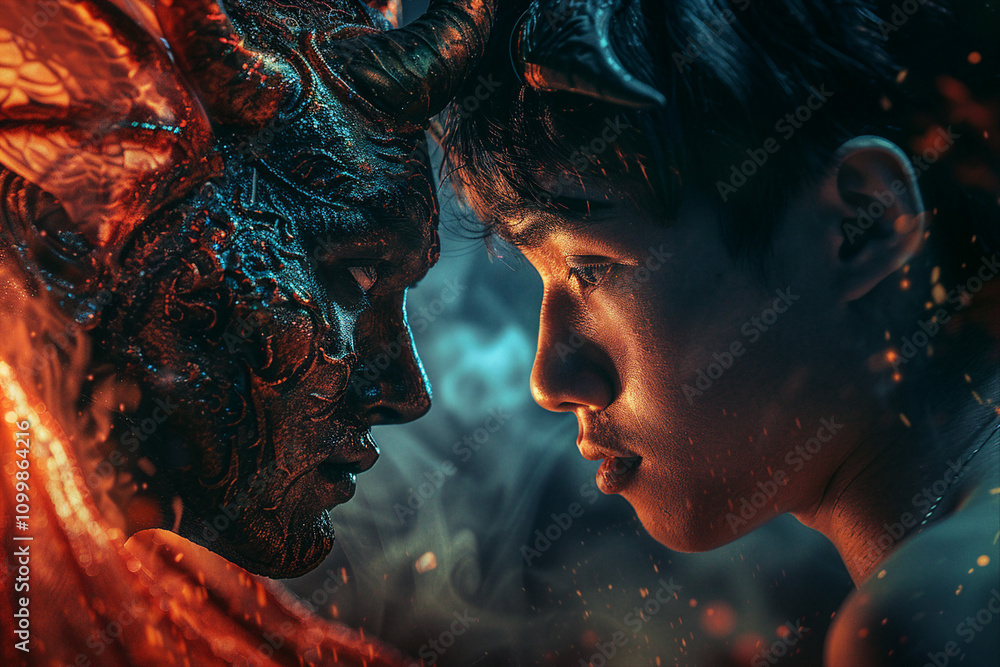 Poster created with generative ai image of two characters positive and negative people