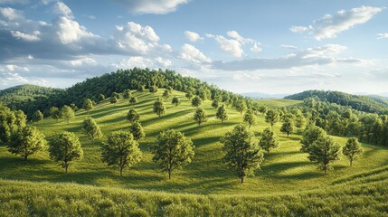 Fototapeta premium Rolling Green Hills With Scattered Trees Under A Blue Sky