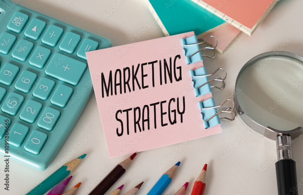Poster marketing strategy text on a notebook with calculator on diagram background
