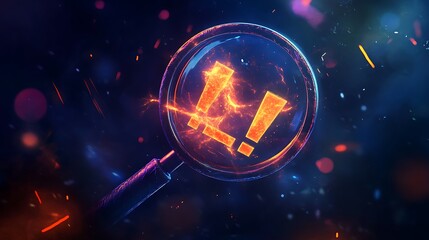 Obraz premium Magnifying Glass Reveals Fiery Exclamation Points