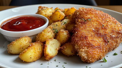 Kotlet schabowy with roasted potatoes and ketchup