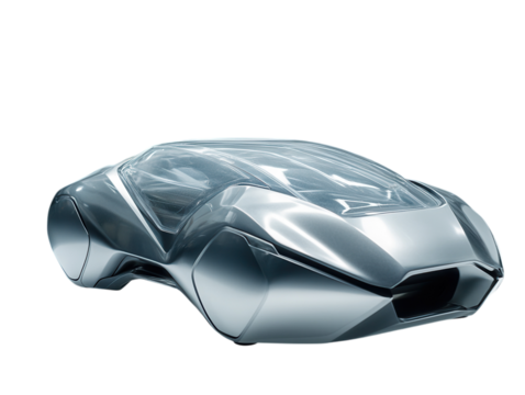 Holographic car model on a design table with engineers observing, isolated on a white background.  PNG transparent.