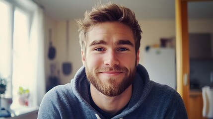 Naklejka premium A phone photograph of an attractive man, wearing a grey hoodie and smiling at the camera