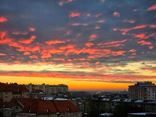 Beautiful view of the city, sunset over the city. Sunrise over the city. The beginning of a new day.