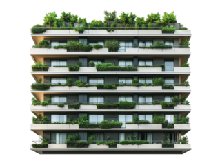 Modern building with vertical gardens on balconies, isolated on a white background.  PNG transparent.