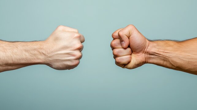 Two male fists, one light-skinned and one dark-skinned, collide symbolizing unity, diversity, and strength against a soft green backdrop.