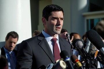 Speaking to the media outside a government building during a press conference on current events
