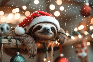 A festive sloth wearing a Santa hat relaxes amidst Christmas decorations and sparkling lights, embodying holiday cheer.