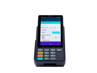 Contactless payment with a smartphone over POS terminal, isolated on a white background.  PNG transparent.
