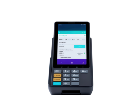Contactless payment with a smartphone over POS terminal, isolated on a white background.  PNG transparent.