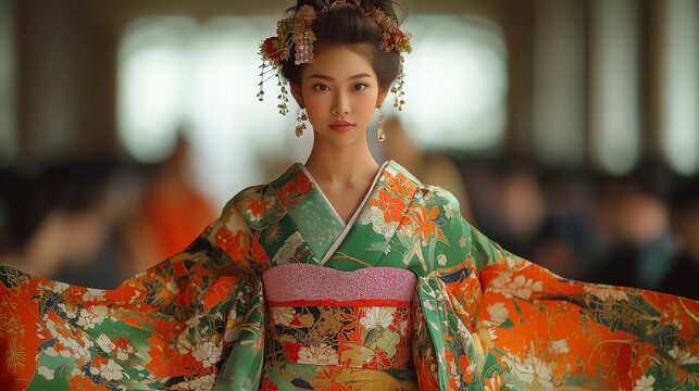 深緑と橙の花が舞う豪華な振袖姿、金の簪と花かんざしが彩る凛とした佇まい、朱色の帯と白い襟が織りなす優美なシルエット、ぼかしの背景に浮かぶ気品あふれる横顔、伝統と現代が融合した花嫁衣装の極み