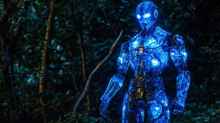 Fototapeta premium Bioluminescent Robot Exploring a Forest at Night, Symbolizing the Harmony Between Technology and Nature