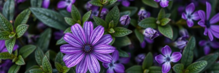Obraz premium Vibrant purple flower petals and lush green leaves, beauty, petals, foliage