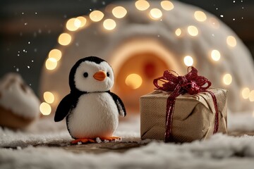 Obraz premium A cozy winter scene featuring a cute penguin plush toy beside a beautifully wrapped gift, with soft snow and a glowing igloo in the background.