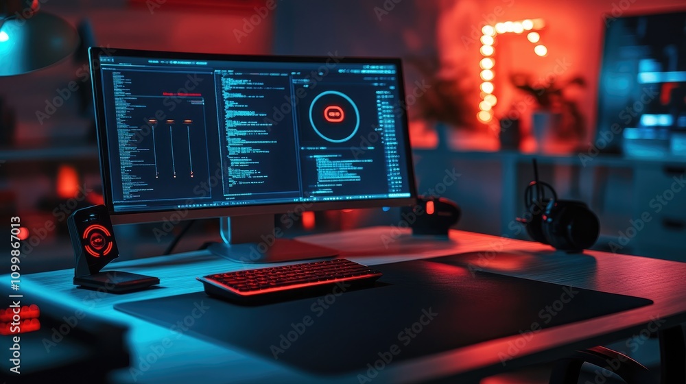 Poster modern tech workspace with glowing elements