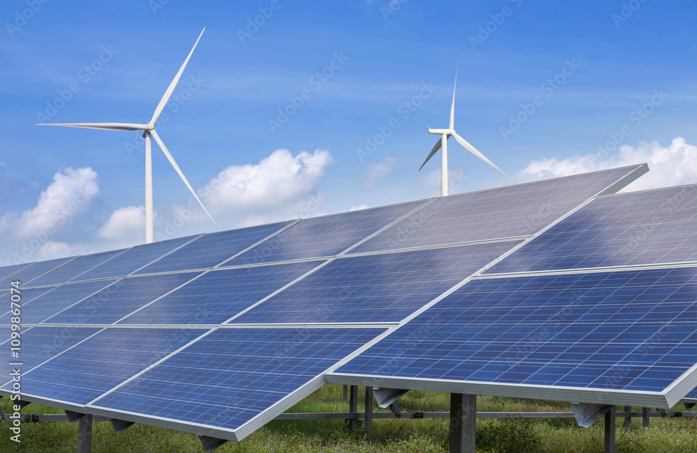 Wall mural rows array of polycrystalline silicon solar panels and wind turbines generating electricity in hybri