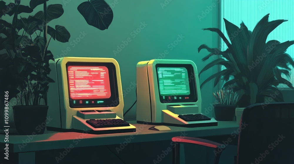 Poster retro tech gadgets with digital interfaces and glow