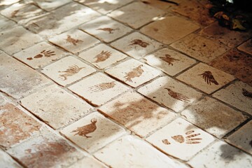 Naklejka premium A stone pathway features various animal and hand imprints, creating a natural, artistic design that enhances the outdoor space.