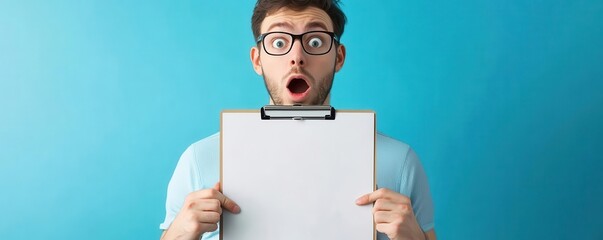 Employee staring at a blank clipboard, perfect for todo list joke, meme graphic, unfinished tasks