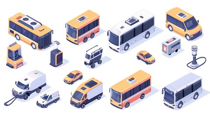 A collection of various vehicles including buses, cars, and delivery vans, designed in a modern, isometric style.
