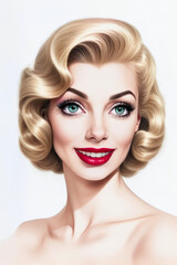 Fototapeta premium Female face with blue eyes, blonde hair and red lips that reminds us of the famous movie stars of the 50s showing us her wide smile 