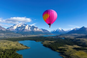 Naklejka premium Aerial View of Colorful Hot Air Balloon Over Torres del Paine Landscape