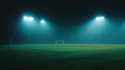 Empty soccer field at night, illuminated by bright stadium lights in a foggy atmosphere.