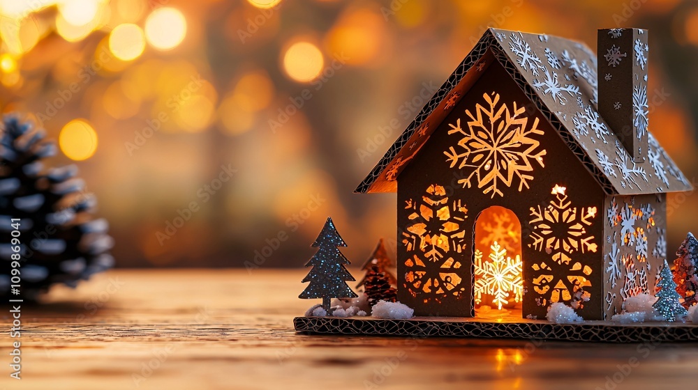 Poster a miniature cardboard house with snowflake cutouts and glowing lights inside stock photo with side c