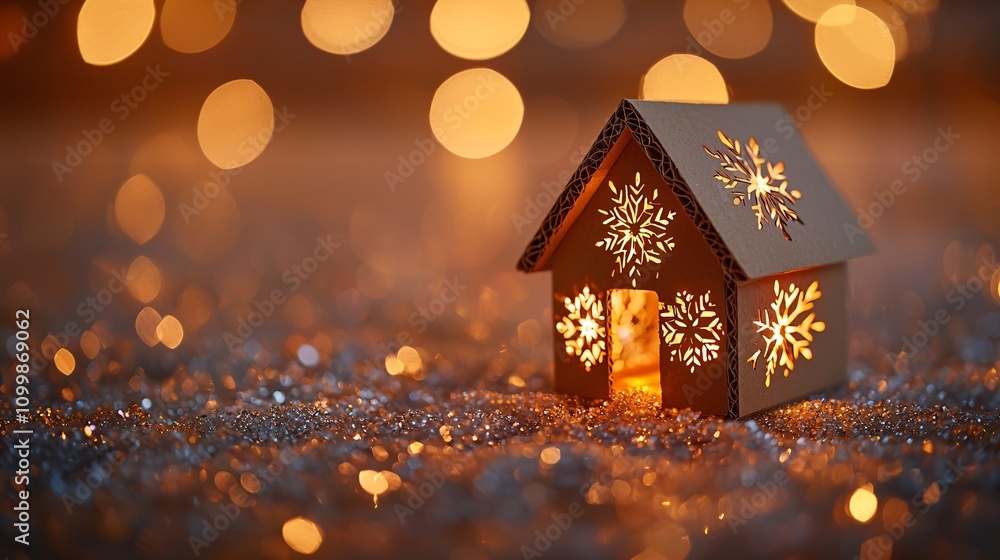 Poster a miniature cardboard house with snowflake cutouts and glowing lights inside stock photo with side c