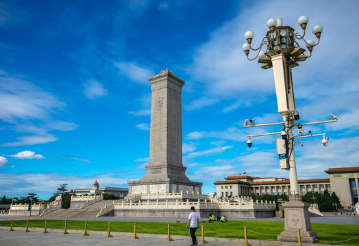 Beijing, China - Aug12, 2024: The Monument to the People's Heroes and the National Museum of China at Tiananmen Square, Beijing, China.
