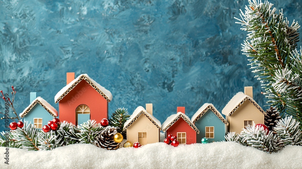 Poster a colorful cardboard christmas village featuring multiple small houses and snowy rooftops stock phot